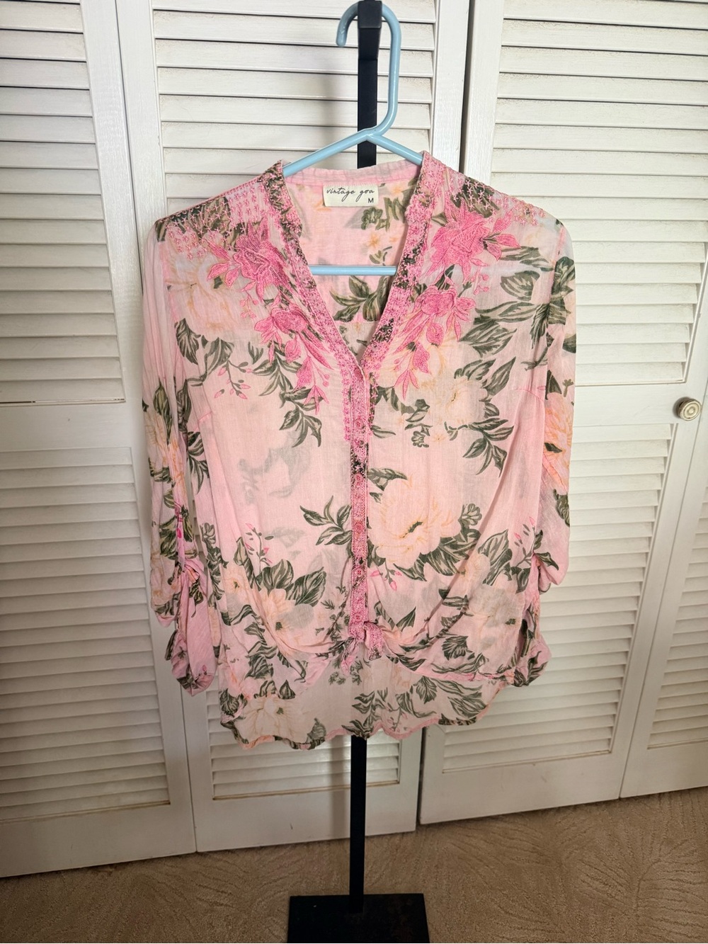 Vintage Pink Floral Lace-Trim Blouse